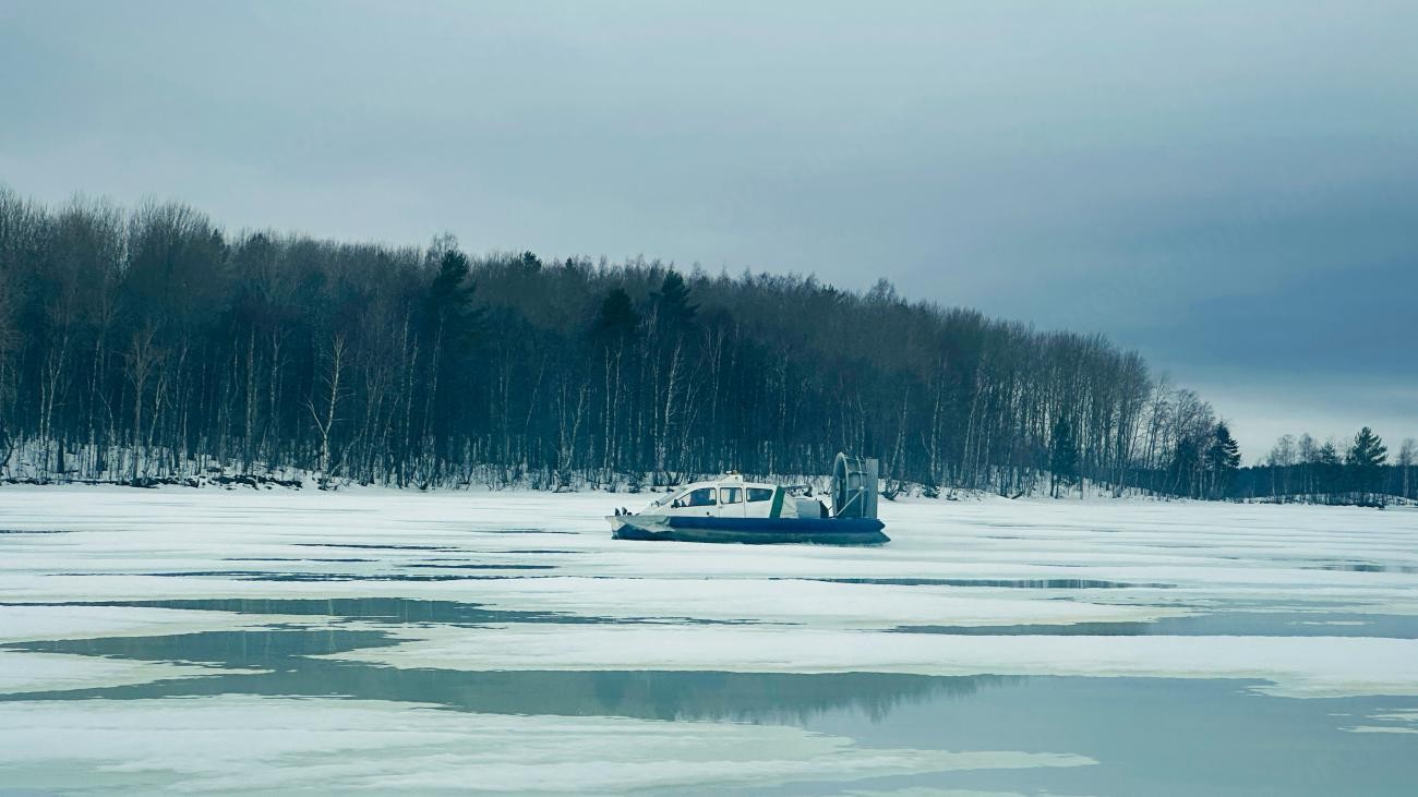 A hovercraft gliding across a partially frozen lake surrounded by snow-dusted birch and pine forest.