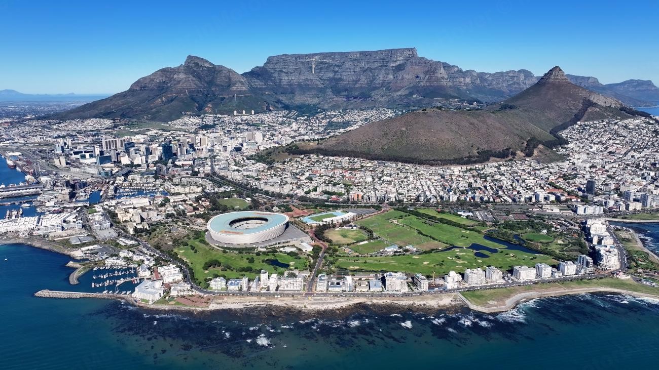 Green Point Stadium and Table Mountain aerial view Cape Town